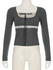Long sleeve patchwork lace hem bowknot ruched top