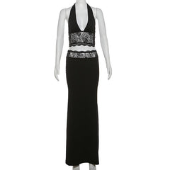 Halter v neck lace backless maxi skirt set