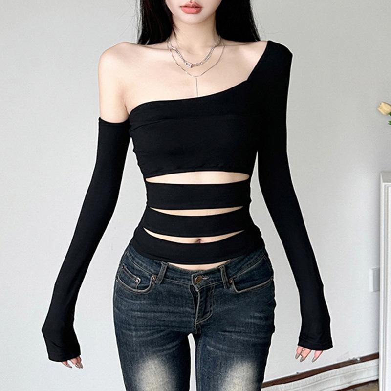 One shoulder long sleeve hollow out top