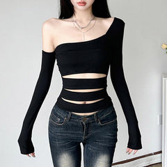 One shoulder long sleeve hollow out top
