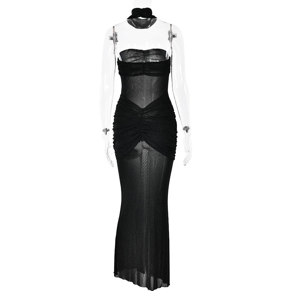 Sweetheart neck ruched see through glitter tube maxi dress