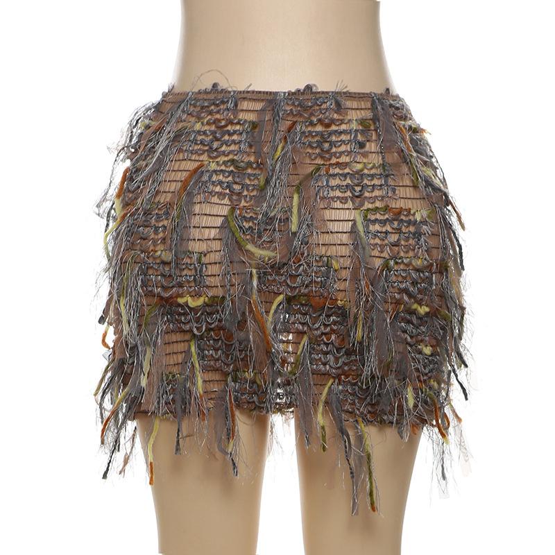Tassels hollow out see through contrast mini skirt