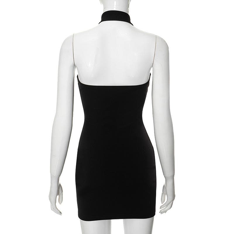 Halter cross front v neck solid backless mini dress  | black rave dress