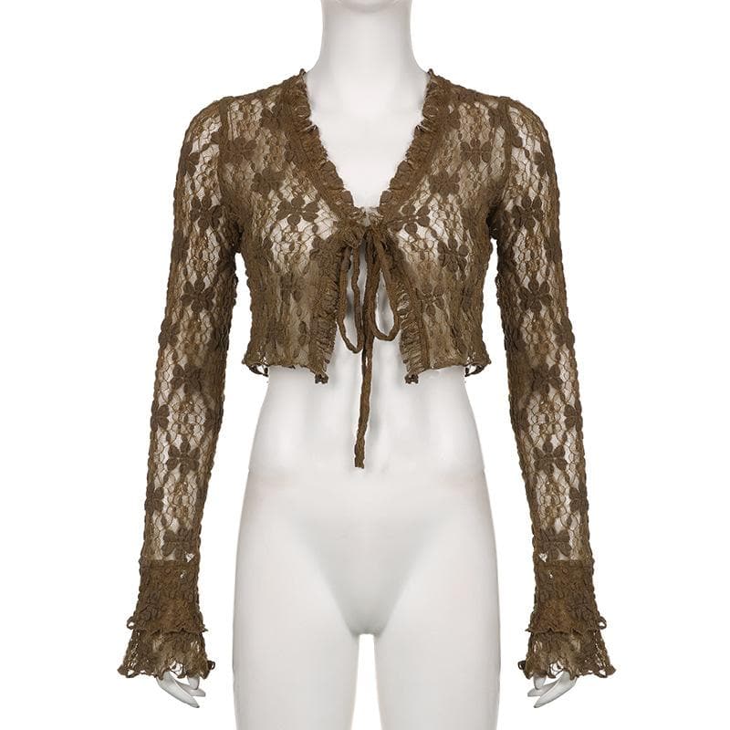 Lace v neck self tie see through flared sleeve solid crop top