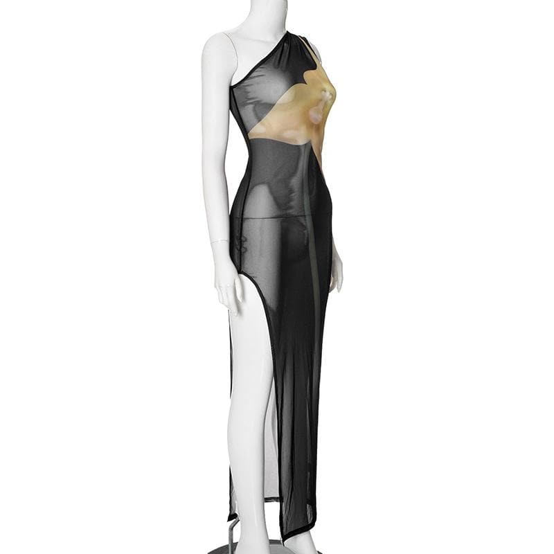 One shoulder sheer mesh print high slit maxi dress  | samba dress