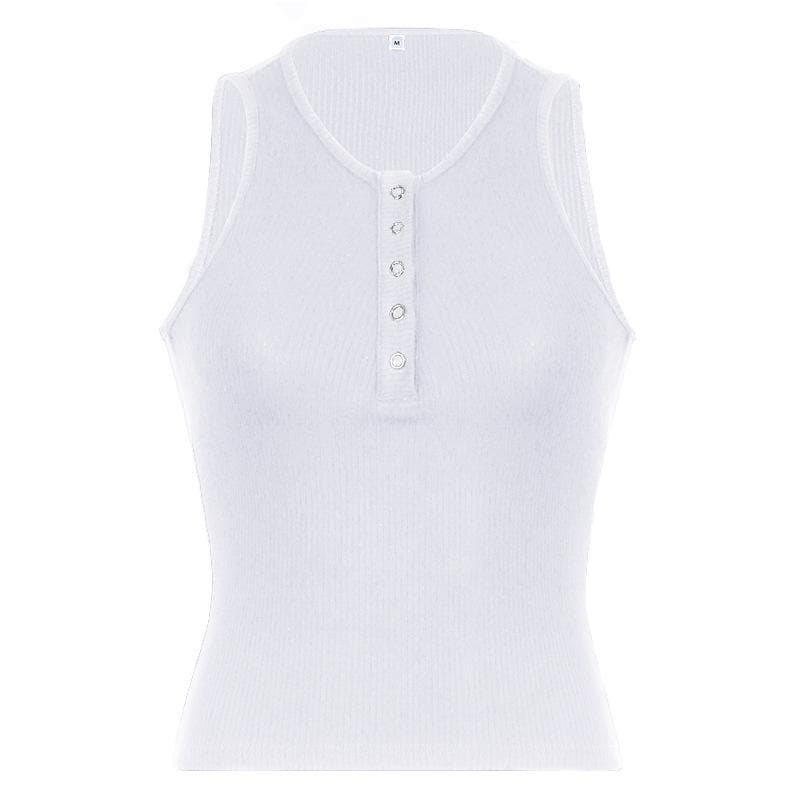 Button v neck ribbed solid sleeveless top