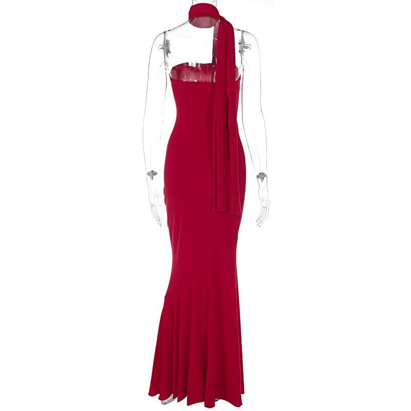 Ribbed ruffle solid backless sleeveless tube maxi dress  | red tango dress
