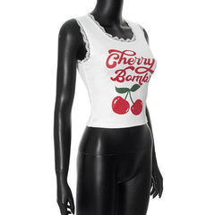 Lace hem fruit letter print u neck tank top