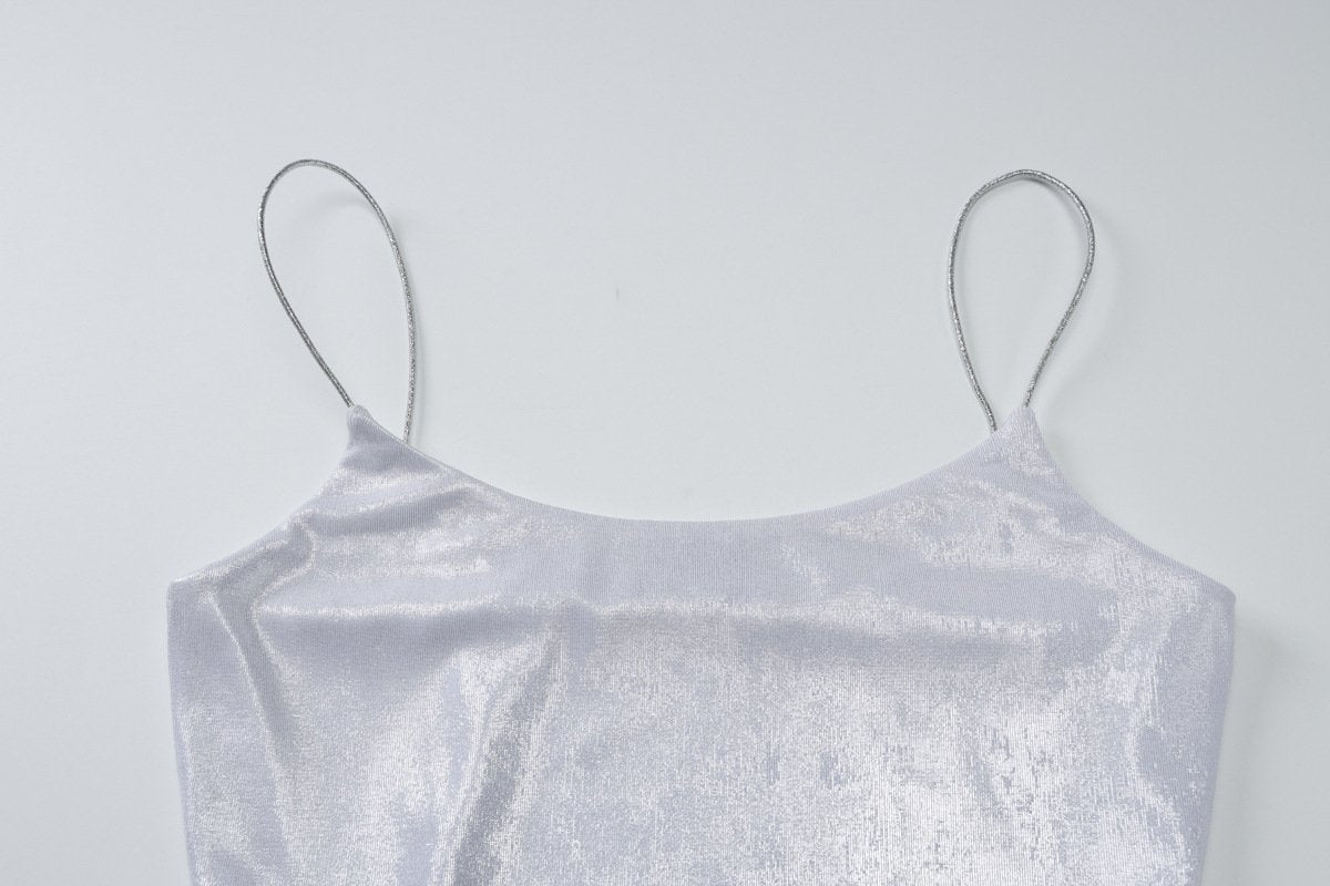 U neck metallic ruched backless cami maxi dress