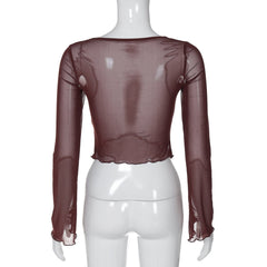 Sweetheart neck long sleeve mesh crop top