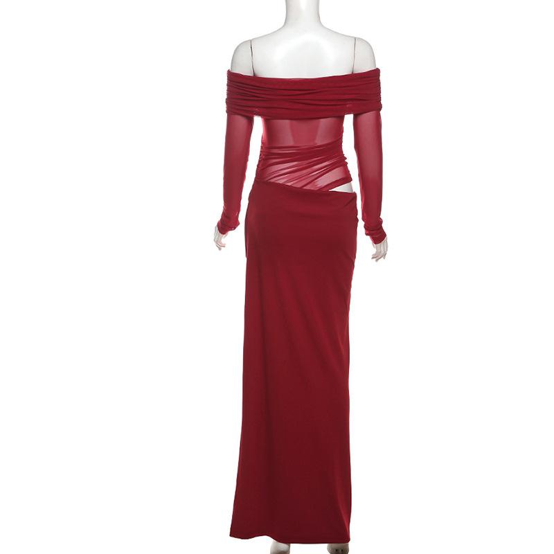 Off shoulder hollow out mesh maxi dress