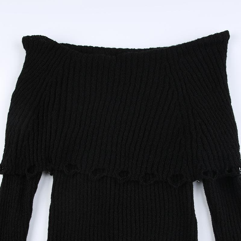 Crochet long sleeve hollow out off shoulder solid cut out top