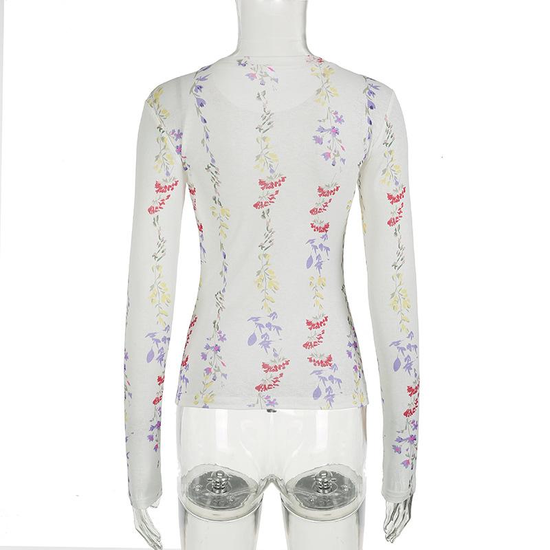 Crewneck long sleeve flower print top