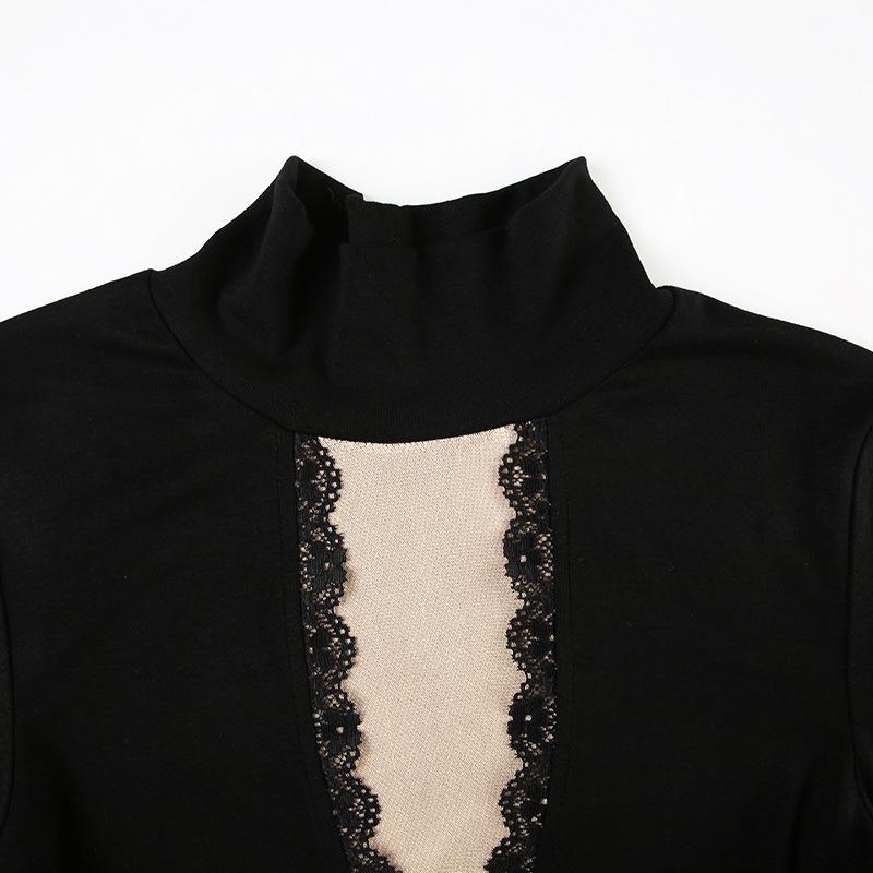 High neck long sleeve mesh patchwork bodysuit