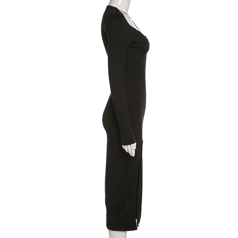 Cross front long sleeve slit notch neck solid midi dress  | black rave dress  | black rave dress