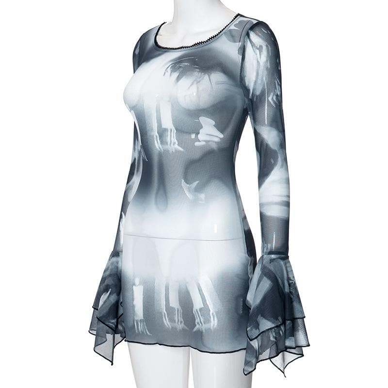 Long flared sleeve sheer mesh print ruffle mini dress  | samba dress
