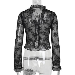 Long sleeve v neck lace self tie top