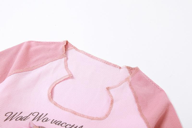 Long sleeve cat pattern notch neck stitch ribbed contrast crop top