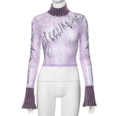 Long flared sleeve high neck see through letter print mesh top