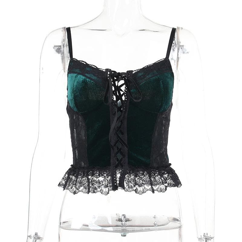 Velvet lace patchwork lace up sweetheart neck cami top