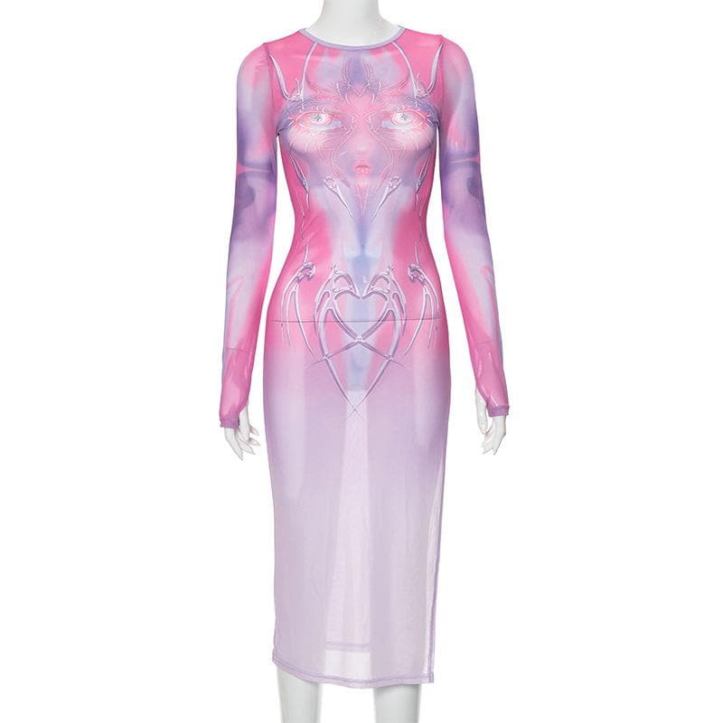 Long sleeve sheer mesh print midi dress  | samba dress
