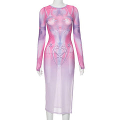 Long sleeve sheer mesh print midi dress  | samba dress