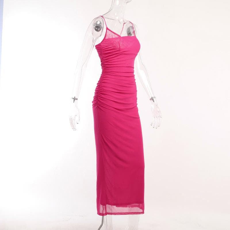 Mesh ruched slit square neck solid backless cami midi dress  | red tango dress