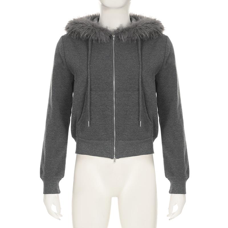 Hoodie long sleeve fluffy zip-up coat top