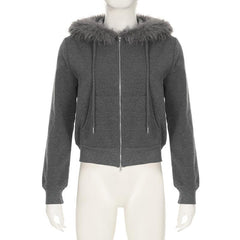 Hoodie long sleeve fluffy zip-up coat top