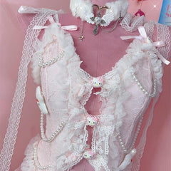 V neck bowknot lace hem "Hello Kitty" pattern cami top