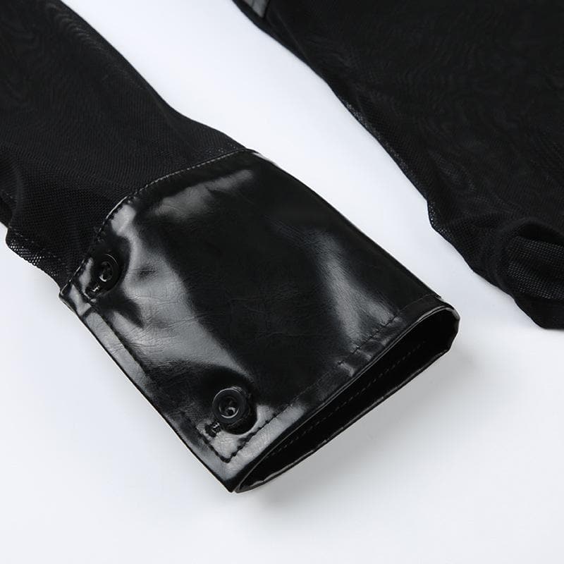 Button turnover collar mesh long flared sleeve PU leather bodysuit