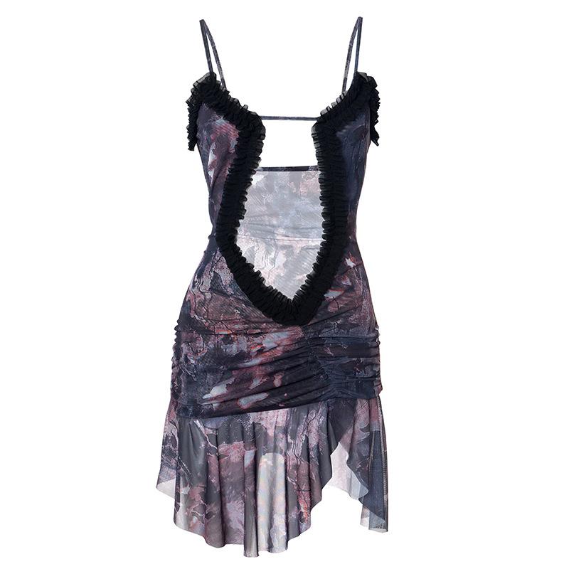 Double layered mesh ruffle hollow out cami cut out mini dress  | red tango dress