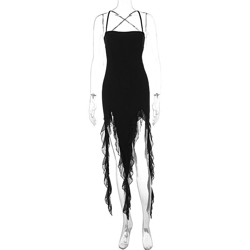 Ruffle cross back solid lace up cami maxi dress  | black rave dress