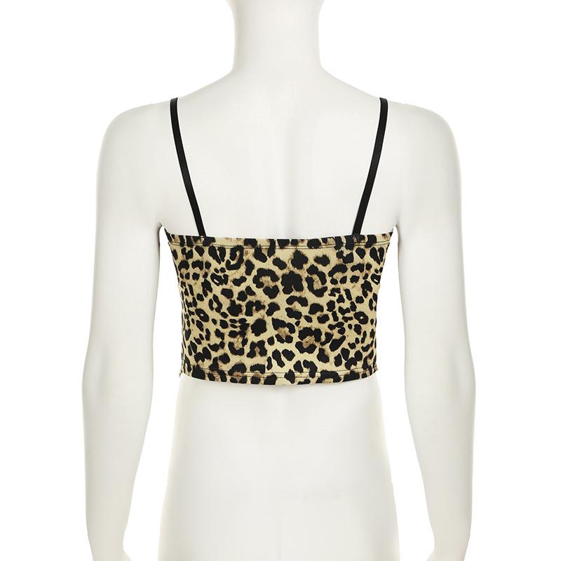 Leopard print sweetheart neck lace hem cami top