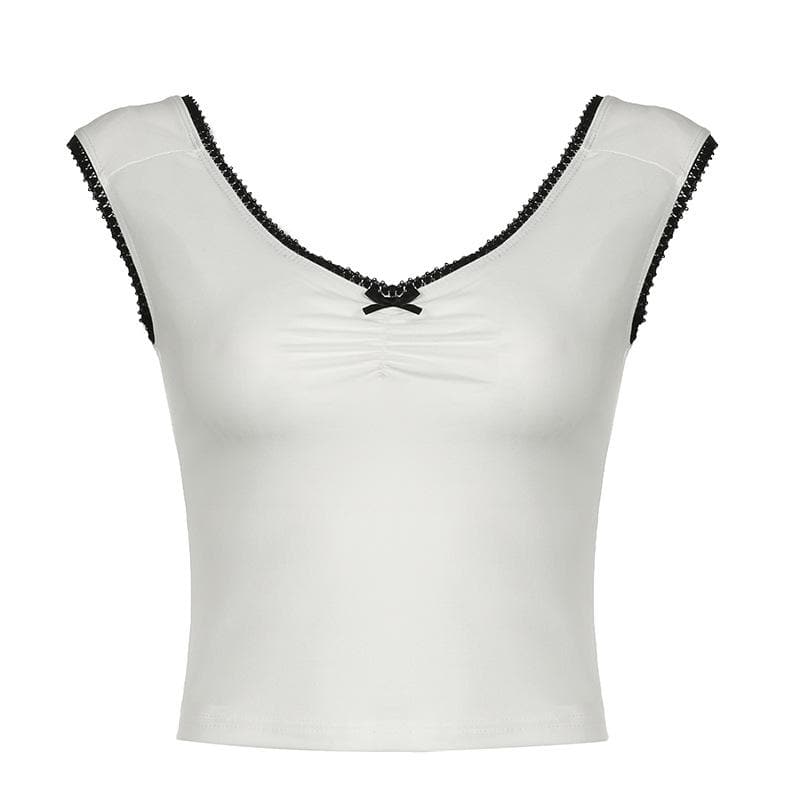 V neck bowknot ruched lace hem top