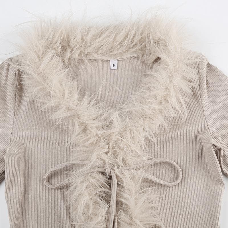 Long sleeve v neck furry ribbed self tie solid top