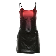 PU leather gradient ruched backless cami mini dress