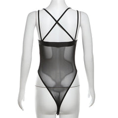 Stitch mesh patchwork cross back cami bodysuit