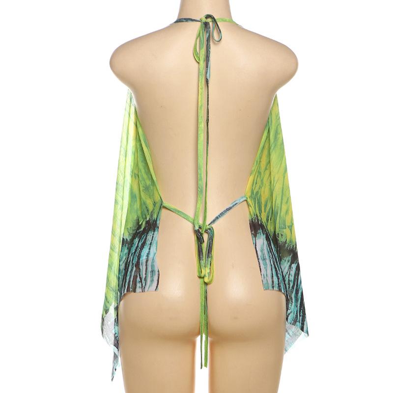 Cowl neck halter self tie print sheer mesh backless top