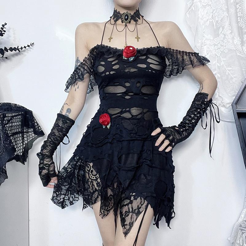 Lace irregular flower applique cami mini dress