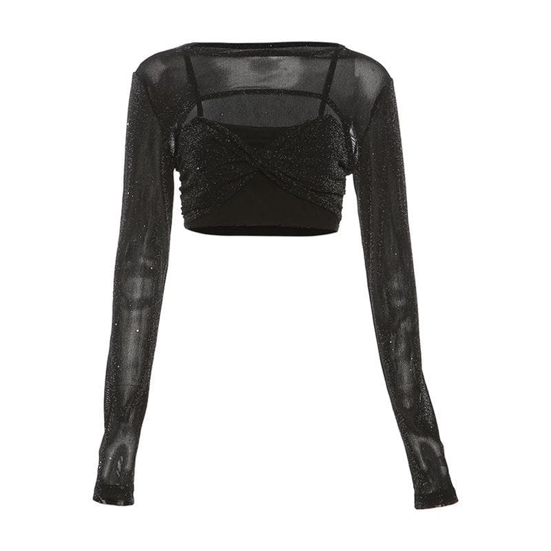 Textured long sleeve crewneck shrug 2 piece crop top