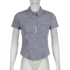 Turnover collar short sleeve plaid print button top
