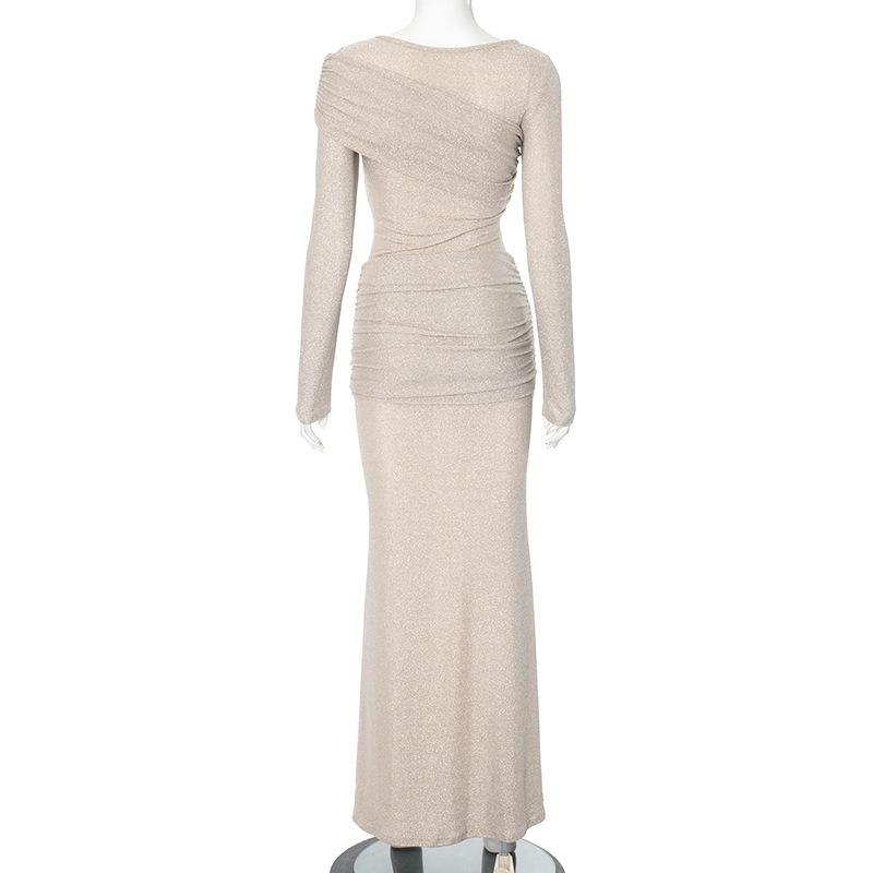 Long sleeve crewneck ruched glitter maxi dress