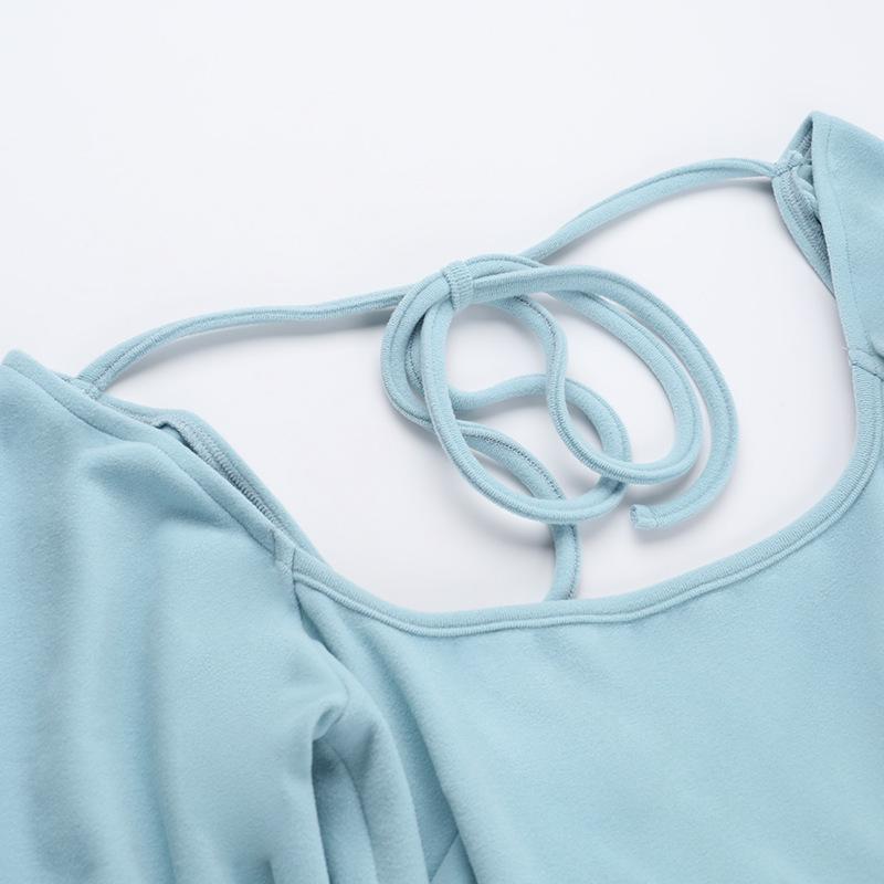Long sleeve u neck self tie backless mini dress