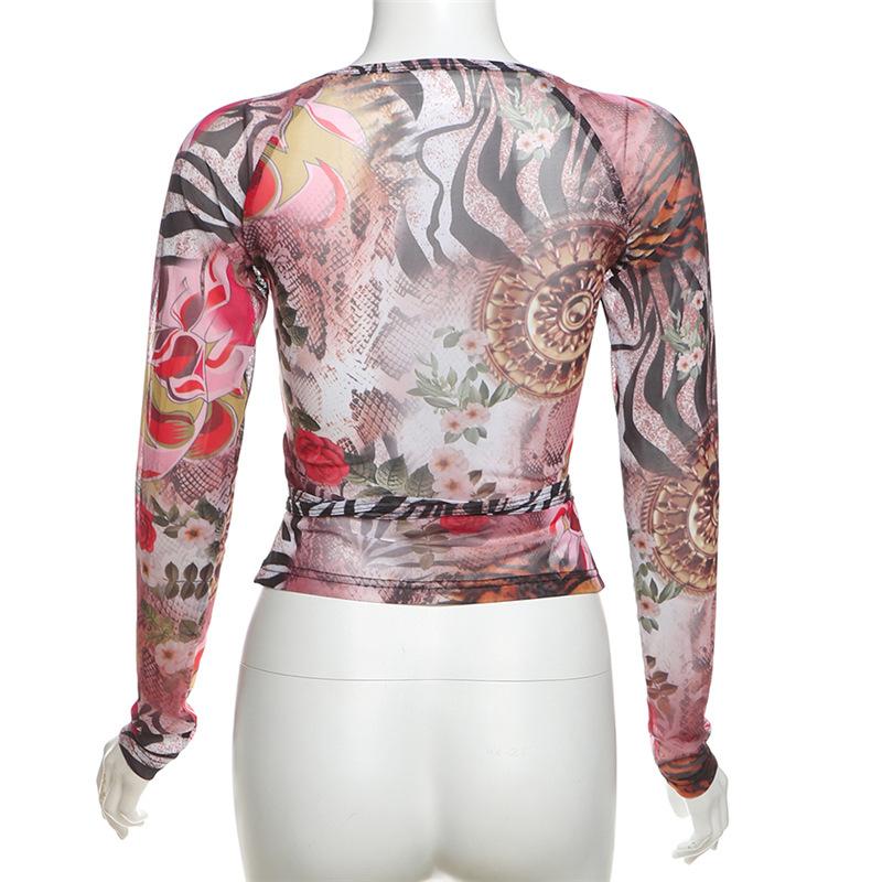 V neck long sleeve sheer mesh self tie print top