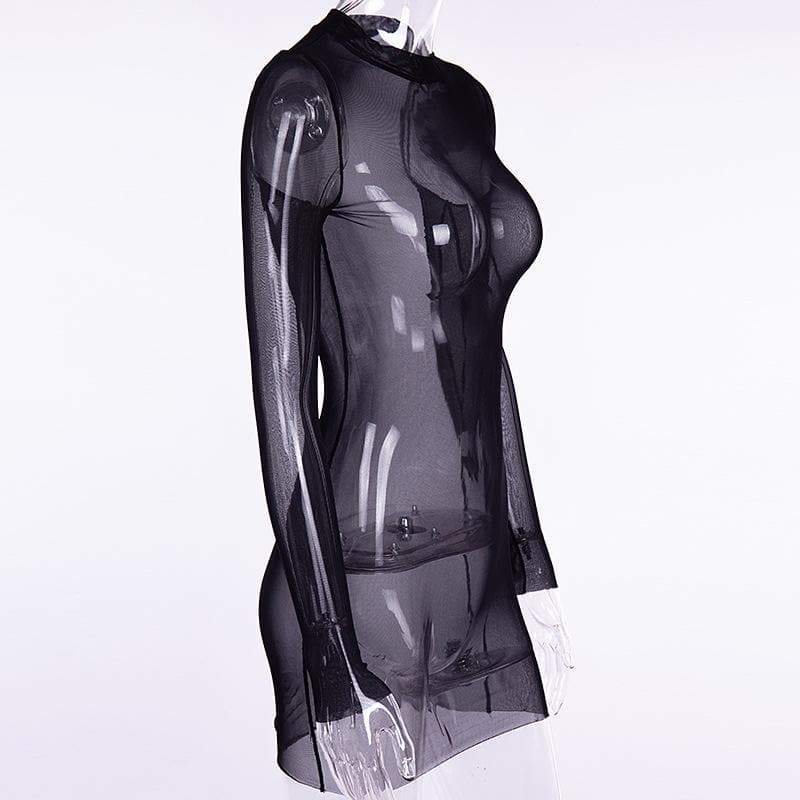 Sheer mesh see through solid long sleeve mini bodycon dress  | samba dress