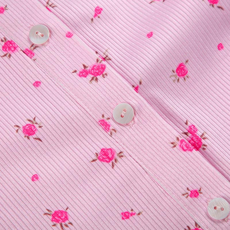 Long sleeve crewneck button flower print romper