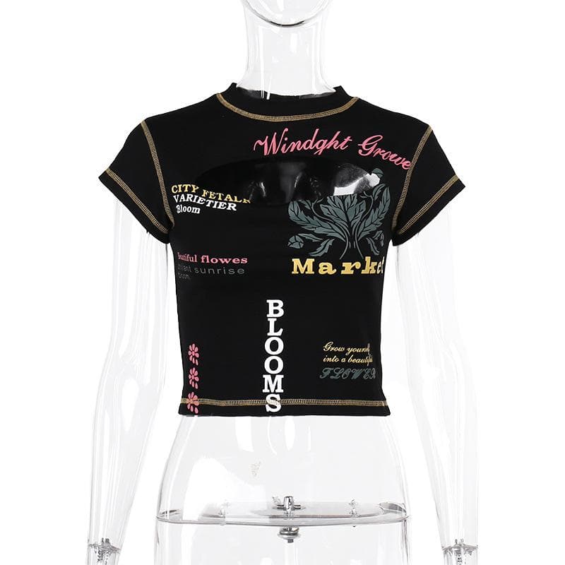 Contrast print short sleeve stitch hollow out crewneck crop cut out top