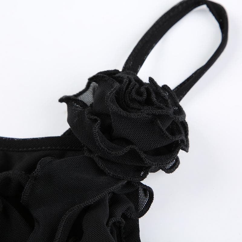 Sheer mesh flower applique ruffle u neck irregular crop top