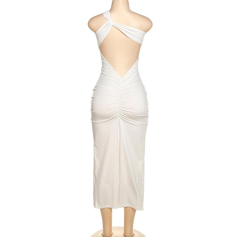 Ruched solid irregular one shoulder backless maxi dress  | red tango dress